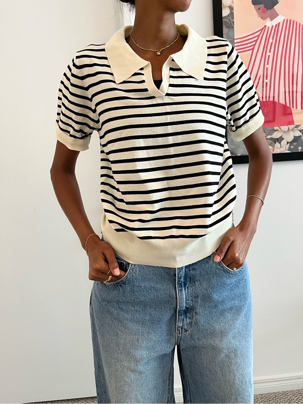 Black and white stripe shirt sleeve sweater shirt M